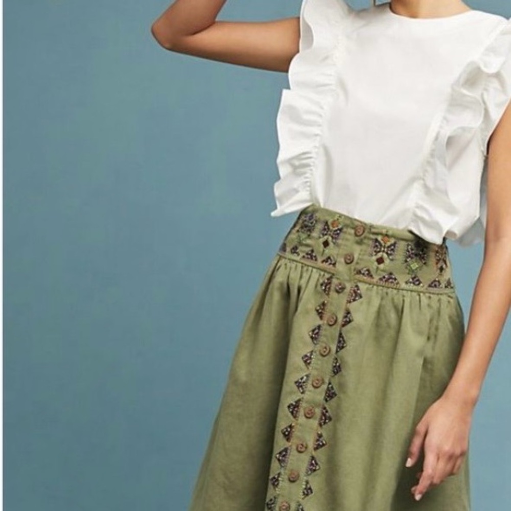 Maeve by Anthropologie Olive Green Embroidered Button-Front Skirt Size 6 - Picture 5 of 7